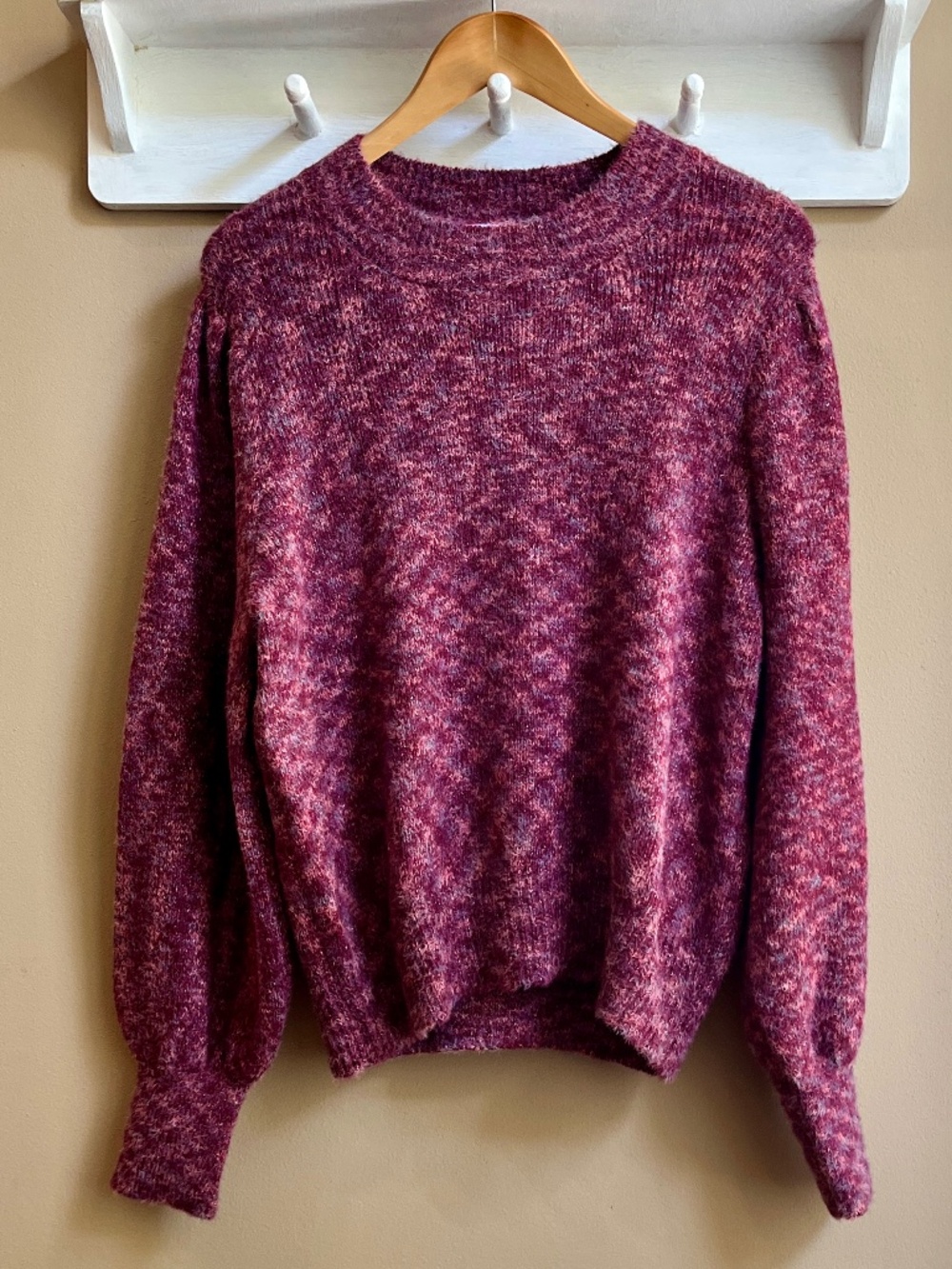Time and Tru Marled Burgundy Fuzzy Knit Puff Sleeve Crewneck Sweater Large